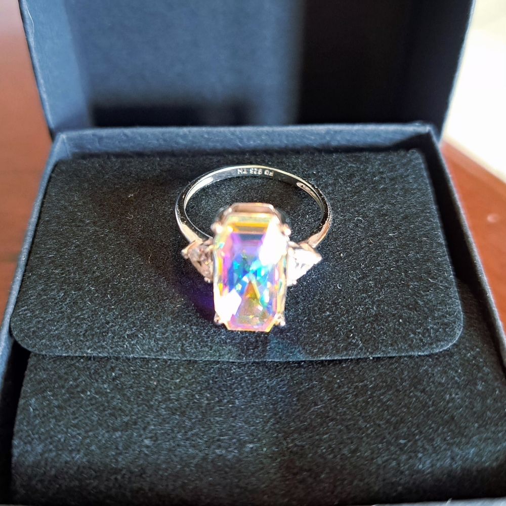 925 Sterling Silver Aurora Crystal Emerald-Cut Cocktail Ring - Pink/Opal Accent